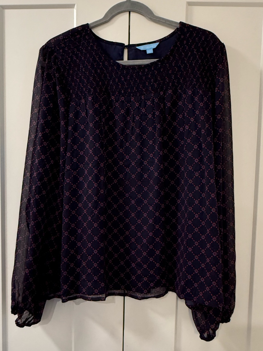 NWOT Draper James Navy and Red Geometric Long-Sleeve Blouse